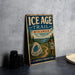 A vintage-style sign for the Ice Age Trail in Wisconsin, featuring a scenic illustration of a trail surrounded by pine trees and a large rock formation.