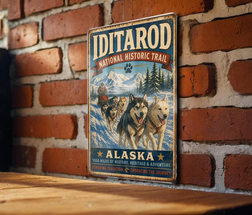 A vintage-style metal sign for the Iditarod National Historic Trail in Alaska, featuring a sled dog team and the text "Iditarod" and "Alaska".