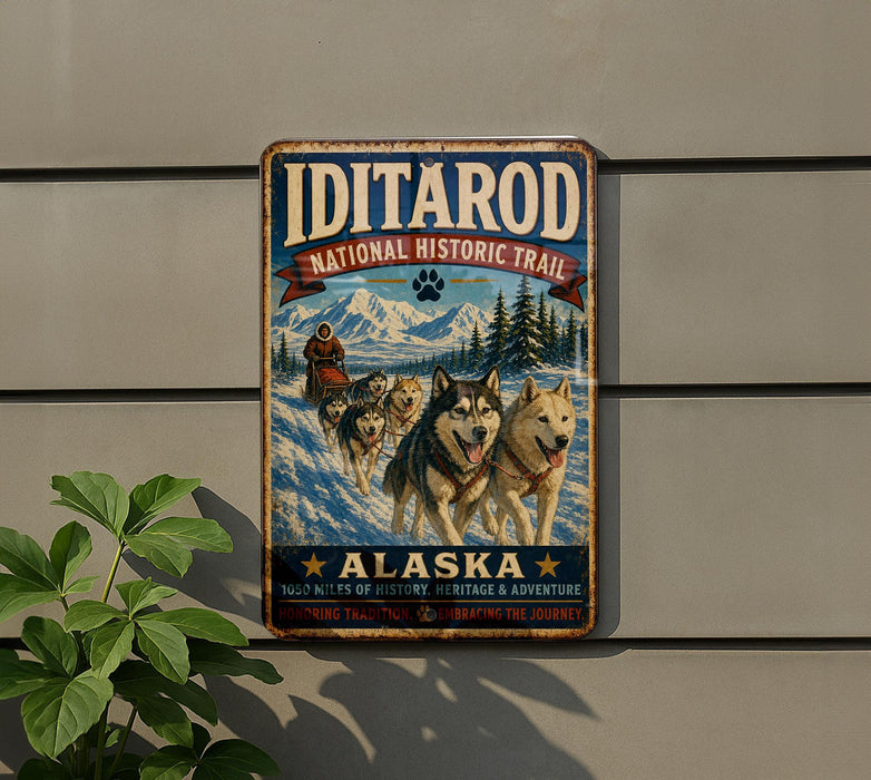 A vintage-style metal sign for the Iditarod National Historic Trail in Alaska, featuring a sled dog team in a snowy landscape.