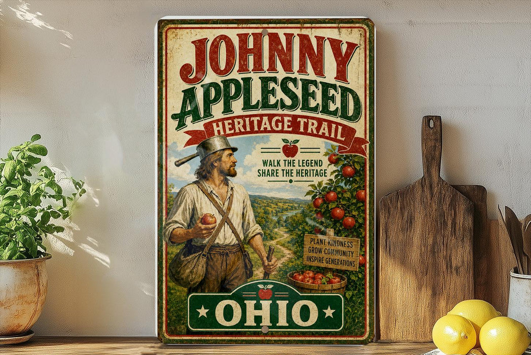 A vintage-style sign for Johnny Appleseed's Heritage Trail, featuring an illustration of a man holding an apple and walking through a scenic landscape with apple trees.