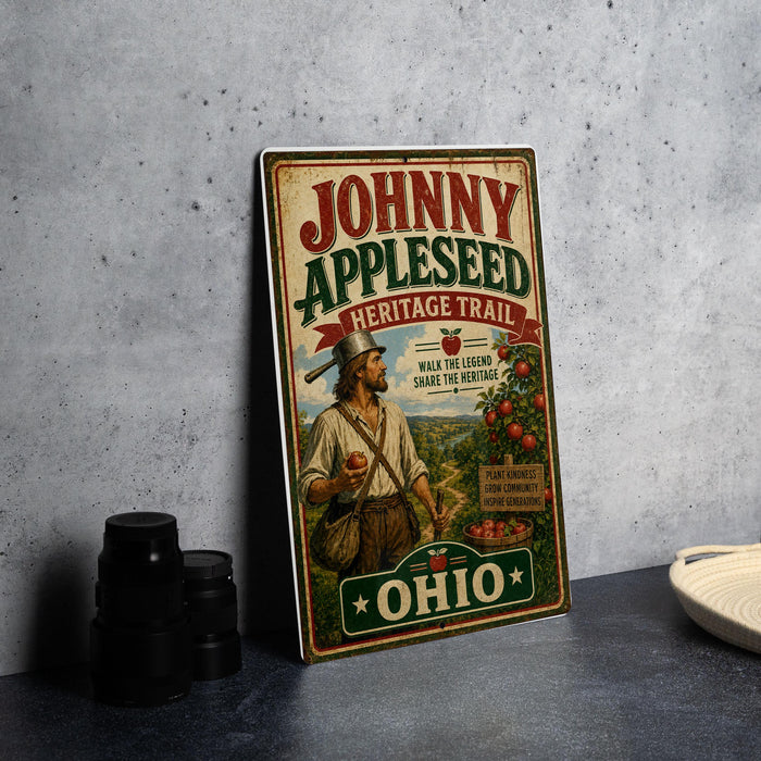 A vintage-style sign for the Johnny Appleseed Heritage Trail in Ohio, featuring a man holding an apple and a banner with the trail's name.