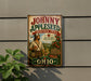 A vintage-style metal sign for Johnny Appleseed Heritage Trail in Ohio, featuring a man holding an apple and a scenic landscape.