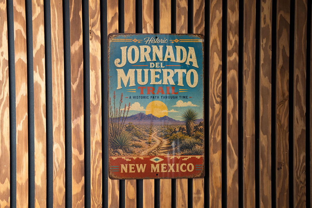 A vintage-style metal sign for the Jornada del Muerto Trail in New Mexico, featuring a desert landscape with mountains and a cactus in the background.