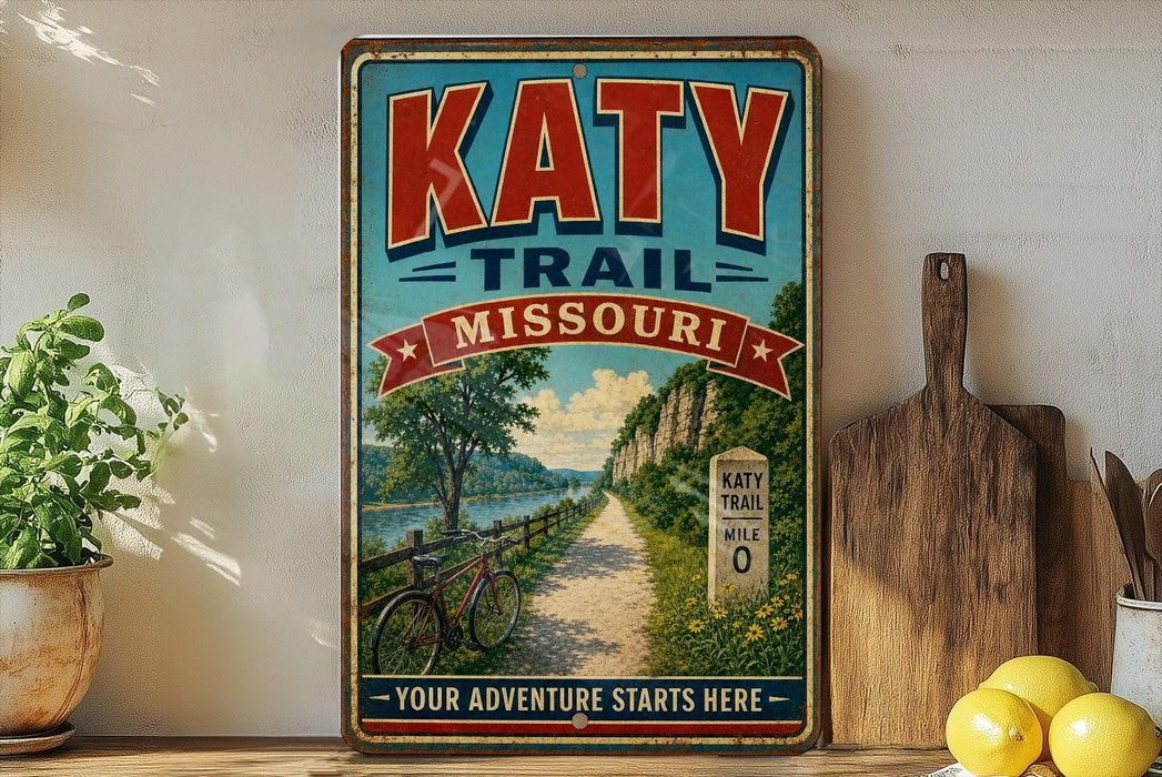 A vintage-style metal sign for the Katy Trail in Missouri, featuring a bicycle and a scenic landscape.
