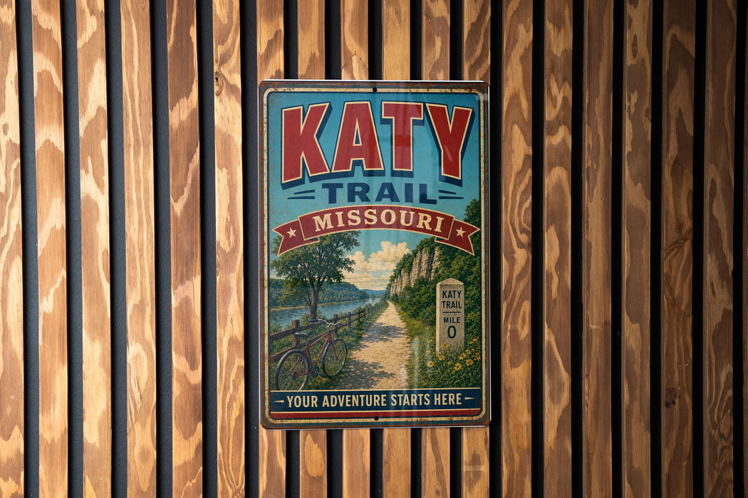 A vintage-style metal sign for the Katy Trail in Missouri, featuring a scenic illustration of a path surrounded by nature.