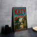 A vintage-style metal sign for the Katy Trail in Missouri, featuring a bicycle and a scenic landscape.