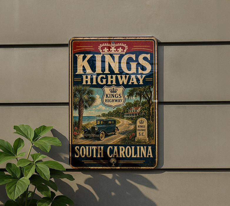 A vintage sign for Kings Highway, featuring a car and palm trees, is displayed on a wall next to a plant.