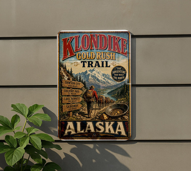 A vintage-style metal sign advertising Klondike Gold Rush Trail in Alaska, featuring a mountain landscape and a person hiking.