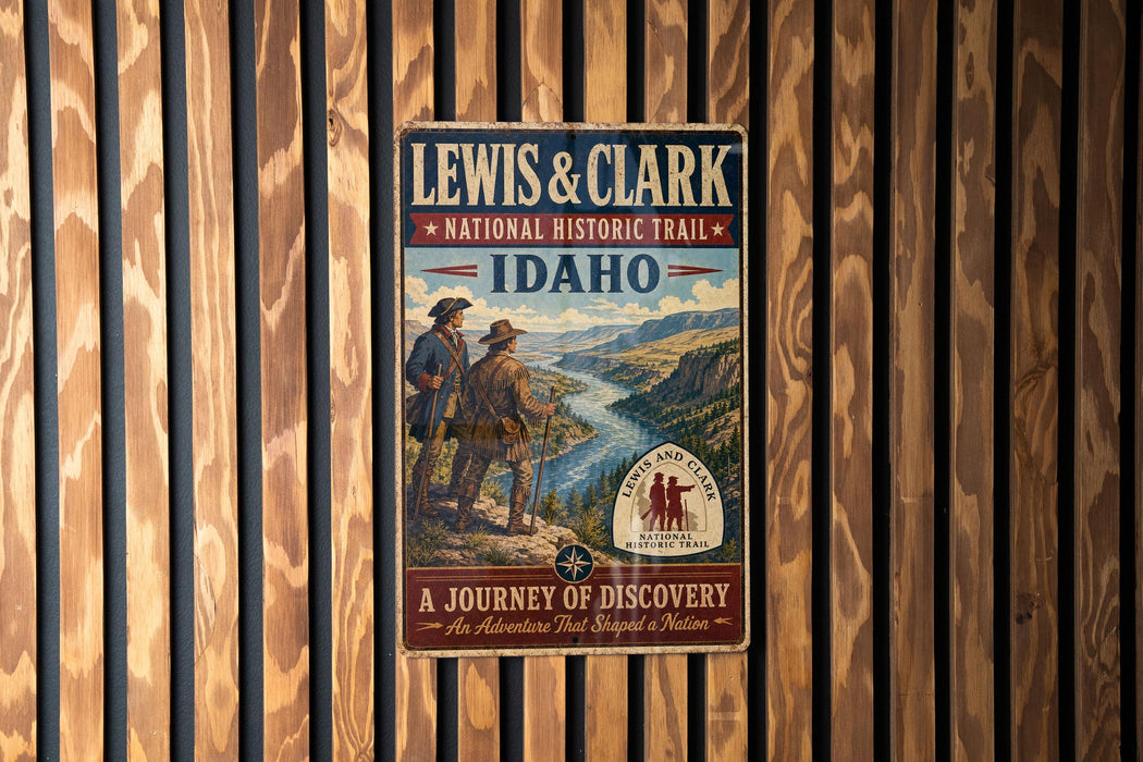 A vintage-style metal sign for the Lewis and Clark National Historic Trail in Idaho, featuring a scenic illustration of two hikers on a mountain trail.