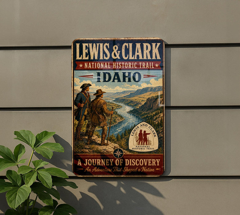 A vintage-style metal sign for the Lewis & Clark National Historic Trail in Idaho, featuring two hikers and a scenic landscape.