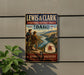 A vintage-style metal sign for the Lewis & Clark National Historic Trail in Idaho, featuring two hikers and a scenic landscape.
