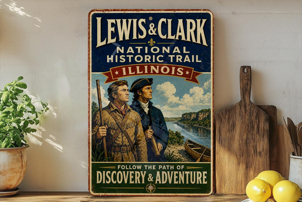 A vintage-style metal sign for the Lewis & Clark National Historic Trail in Illinois, featuring two men in period clothing and a scenic illustration of the trail.