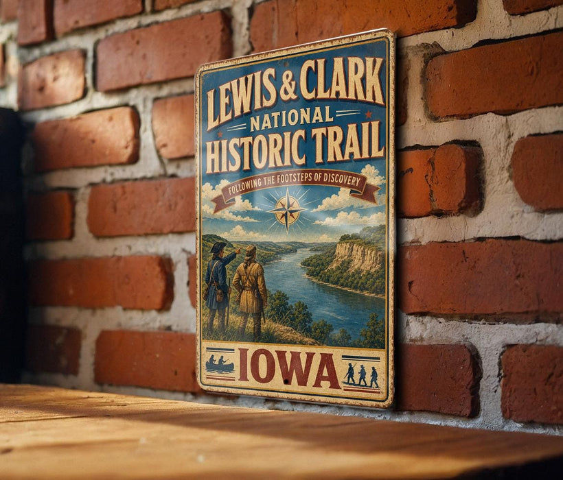 A vintage-style metal sign for the Lewis & Clark National Historic Trail, featuring a scenic illustration of a river and mountains, mounted on a brick wall.