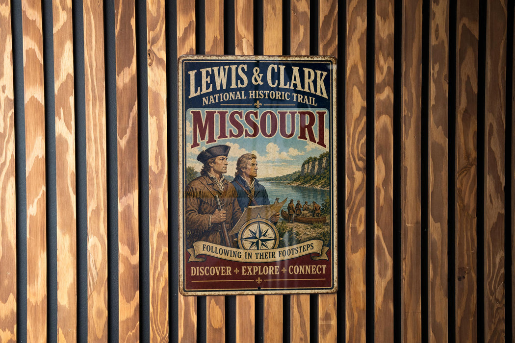 A vintage-style metal sign for the Lewis & Clark National Historic Trail in Missouri, featuring two men in historical attire and a scenic landscape.