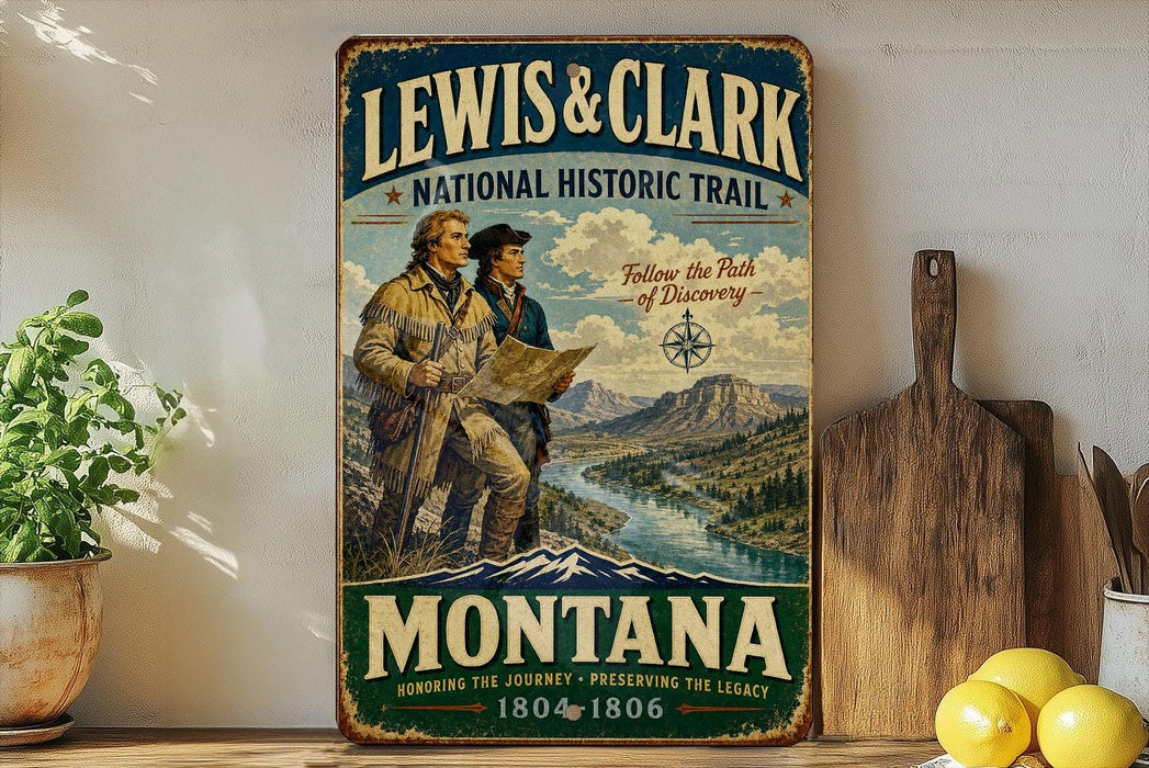 A vintage-style metal sign for the Lewis & Clark National Historic Trail, featuring two men on a mountain trail with a scenic landscape in the background.