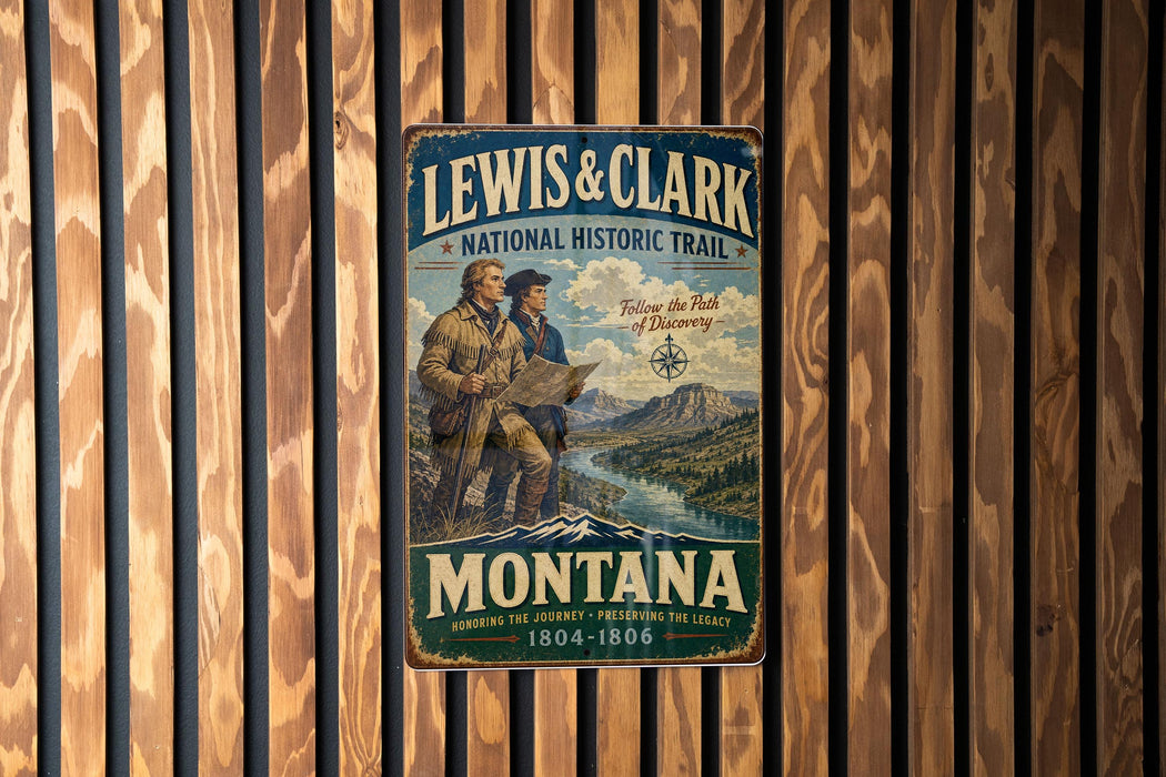 A vintage-style metal sign for the Lewis & Clark National Historic Trail in Montana, featuring two hikers on a mountain trail.