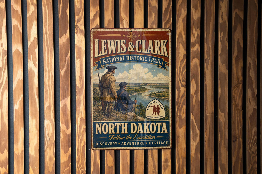 A vintage metal sign for the Lewis & Clark National Historic Trail, featuring a scenic illustration of a man and a woman standing on a cliff overlooking a river.