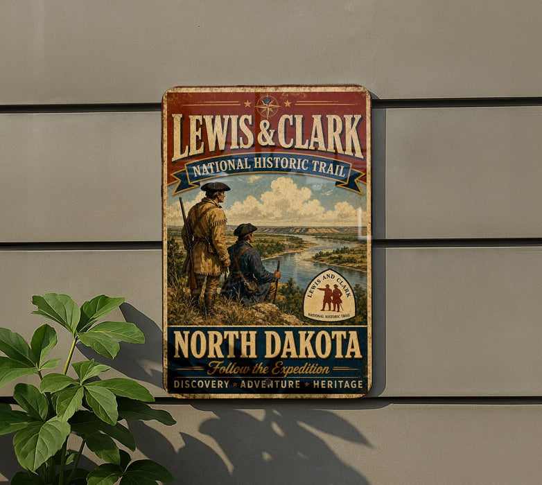 A vintage-style metal sign for the Lewis & Clark National Historic Trail, featuring a historical illustration of two men on a trail in North Dakota.