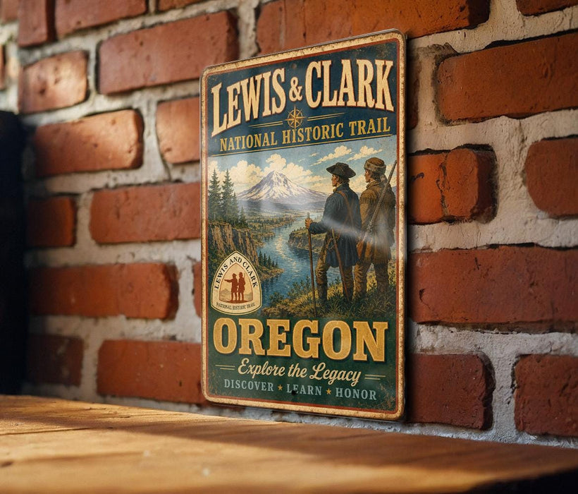 A vintage-style metal sign for the Lewis & Clark National Historic Trail, featuring a scenic illustration of a mountain landscape and two figures in historical attire.