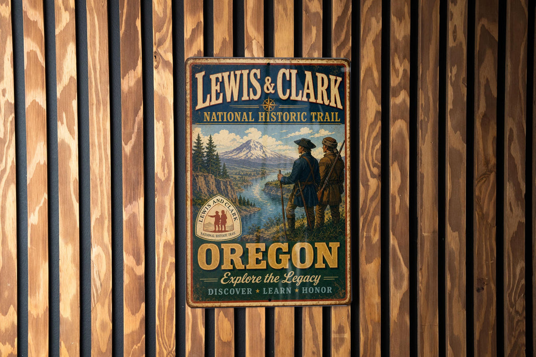 A vintage-style metal sign for the Lewis & Clark National Historic Trail in Oregon, featuring a scenic landscape with two figures in the foreground.