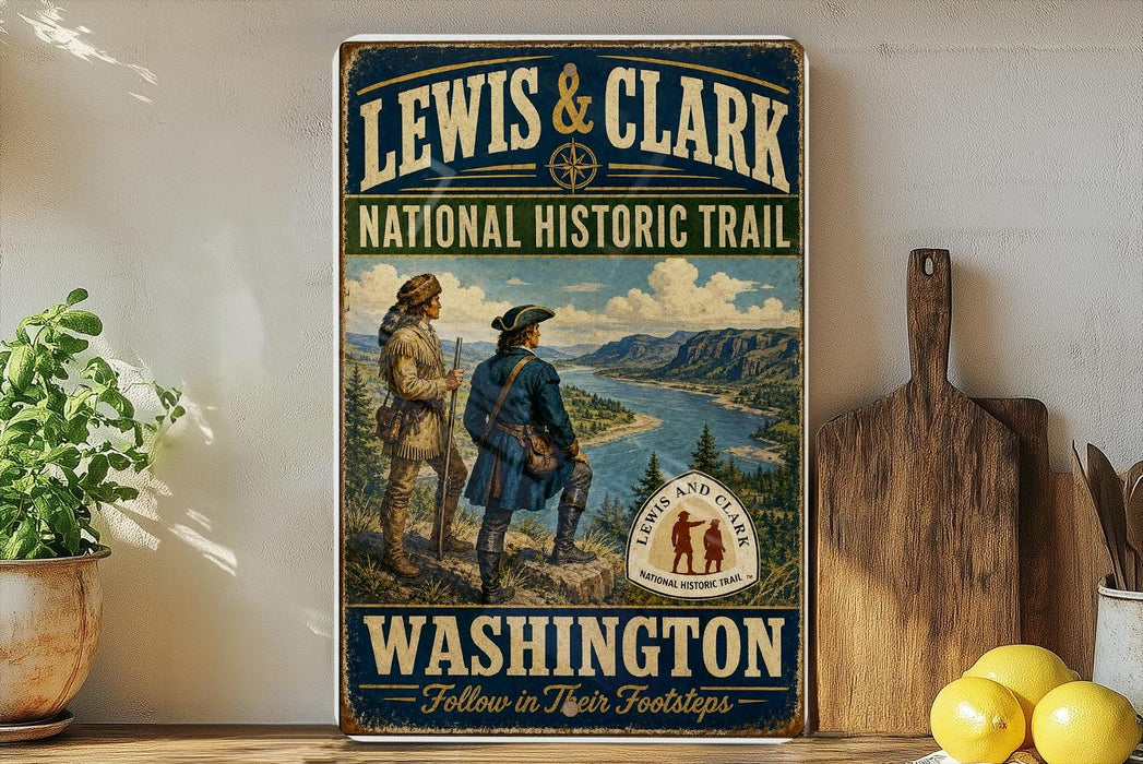 A vintage-style metal sign for the Lewis and Clark National Historic Trail in Washington, featuring two figures in historical attire standing on a cliff overlooking a river.