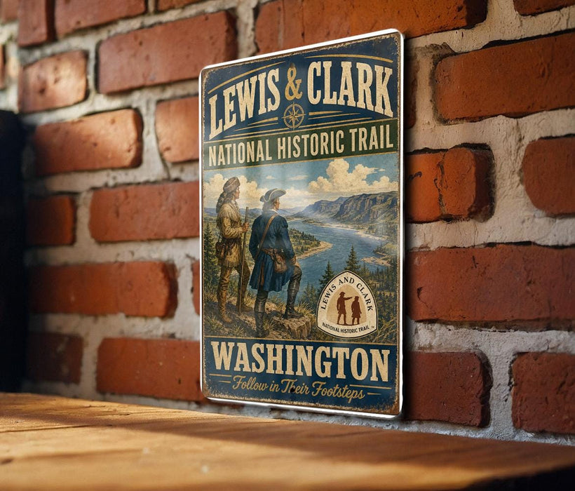 A vintage-style metal sign for the Lewis & Clark National Historic Trail in Washington, featuring a scenic illustration of two hikers on a trail with mountains and a river in the background.