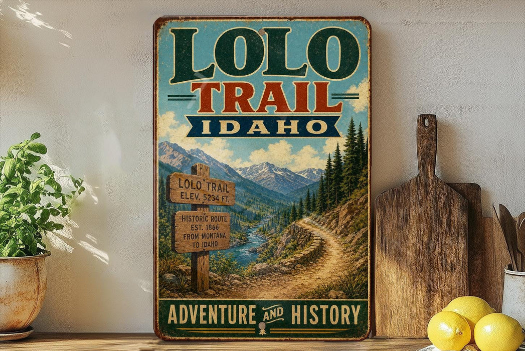 A vintage-style sign for the Lolo Trail in Idaho, featuring a scenic mountain landscape with a winding trail and a signpost.