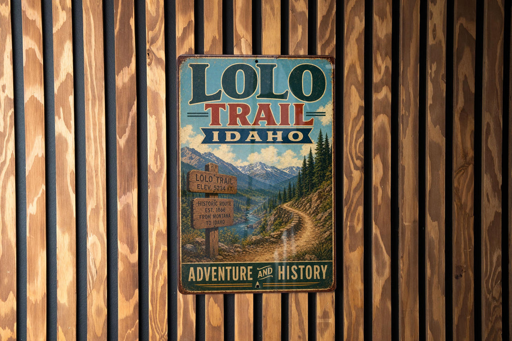 A vintage metal sign for the Lolo Trail in Idaho, featuring a scenic mountain landscape and trail information.