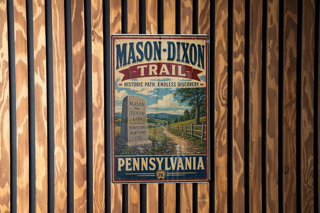 A vintage-style metal sign for the Mason-Dixon Trail in Pennsylvania, featuring a scenic illustration of a historic path and a stone marker.