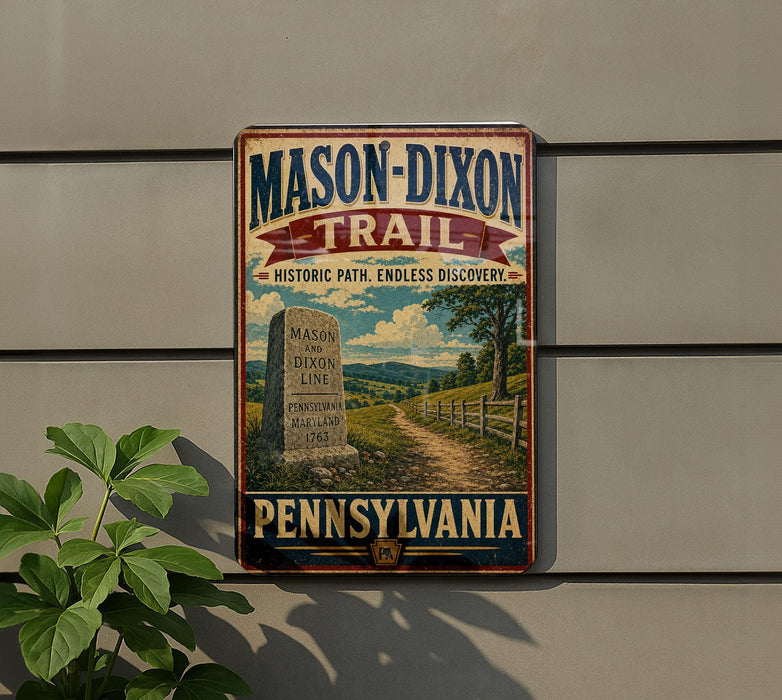 A vintage-style metal sign for the Mason-Dixon Trail in Pennsylvania, featuring a scenic illustration of a trail surrounded by lush greenery and a stone marker.