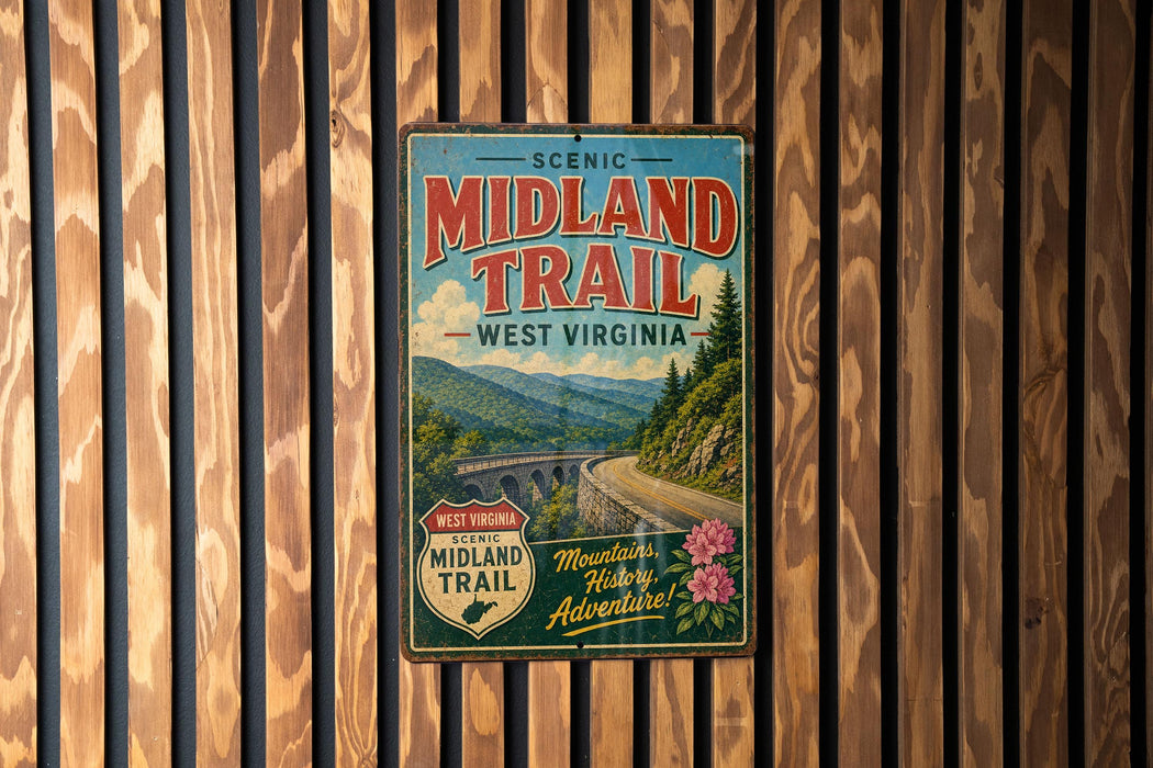 A vintage metal sign for the Midland Trail in West Virginia, featuring a scenic mountain landscape with a winding road and a bridge.
