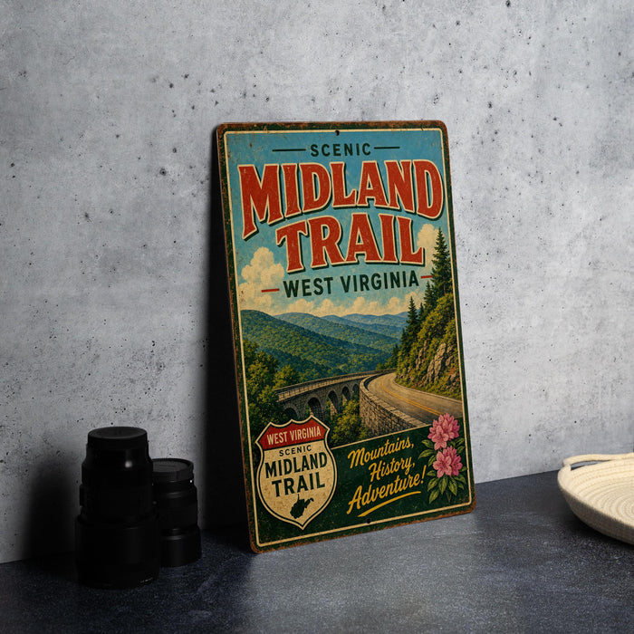 A vintage metal sign advertising the Midland Trail in West Virginia, featuring a scenic mountain landscape and a winding road.