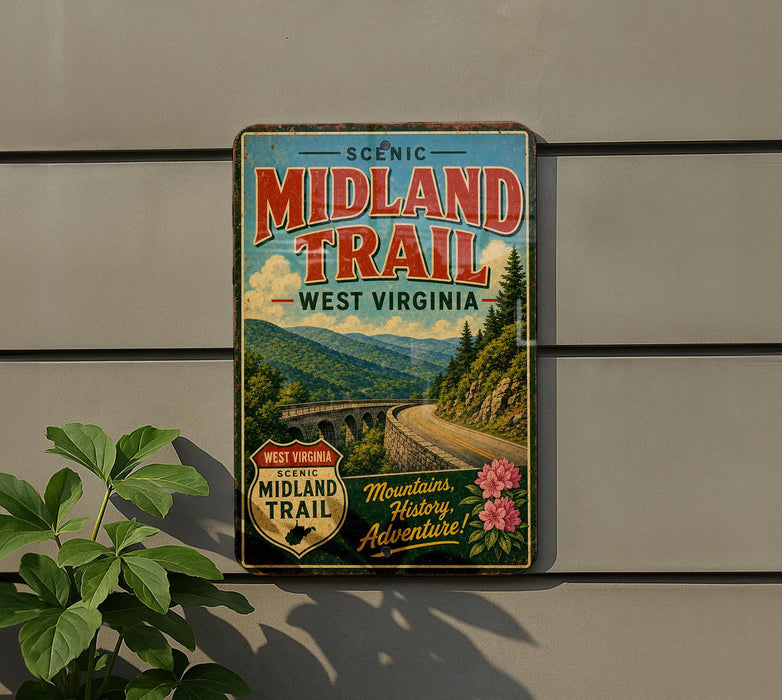 a vintage-style sign for the Midland Trail in West Virginia, with a scenic mountain landscape and a winding road.
