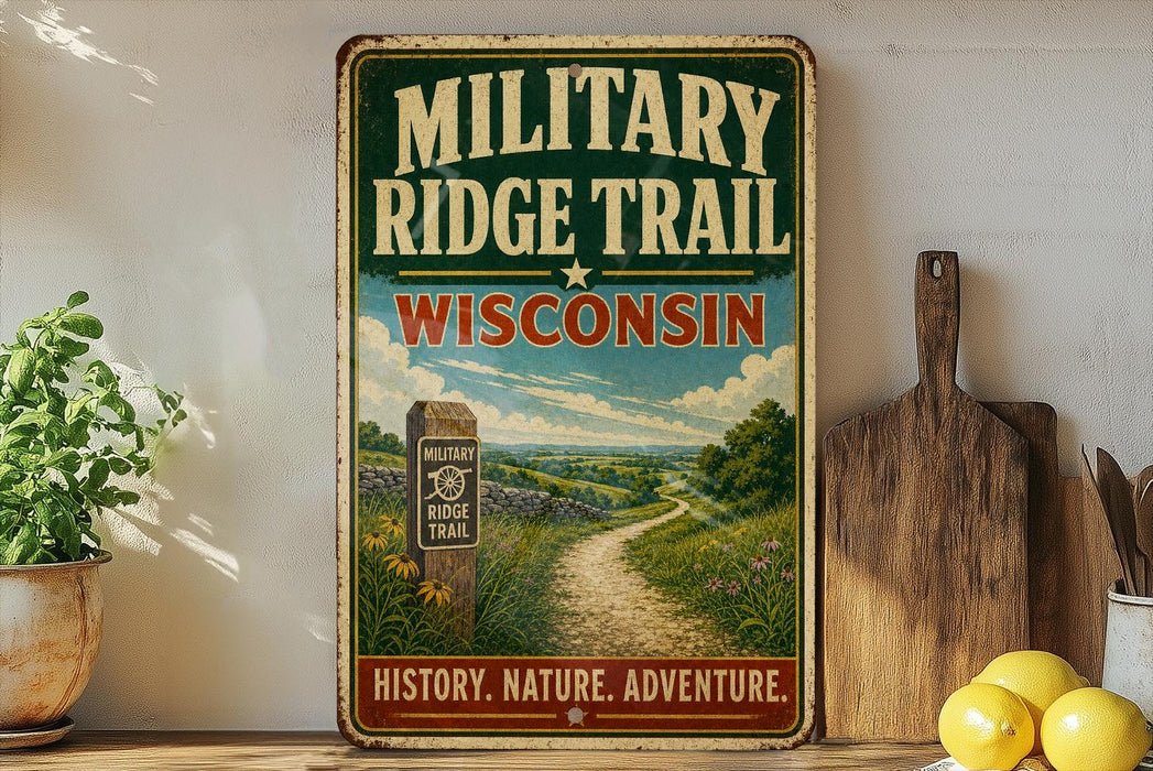 A vintage-style metal sign for the "MILITARY RIDGE TRAIL" in Wisconsin, featuring a scenic landscape with a dirt path and a wooden signpost.