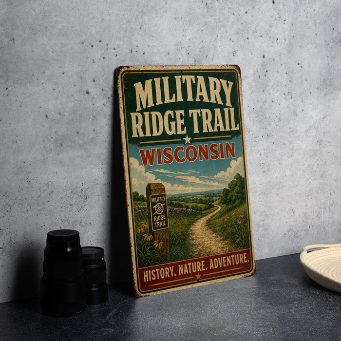 A vintage metal sign for the "MILITARY RIDGE TRAIL" in Wisconsin, featuring a scenic countryside landscape with a winding path and a signpost.