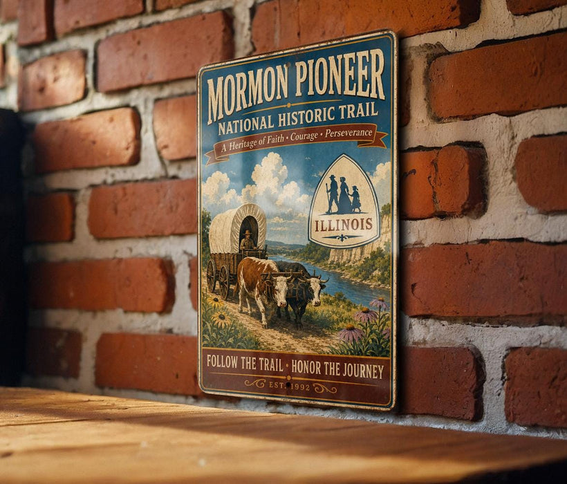 A vintage-style metal sign for the Mormon Pioneer National Historic Trail in Illinois, featuring an illustration of a covered wagon and a sign with the word "Illinois".