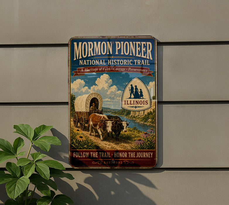 A vintage-style metal sign for the Mormon Pioneer National Historic Trail in Illinois, featuring an illustration of a covered wagon and a scenic landscape.