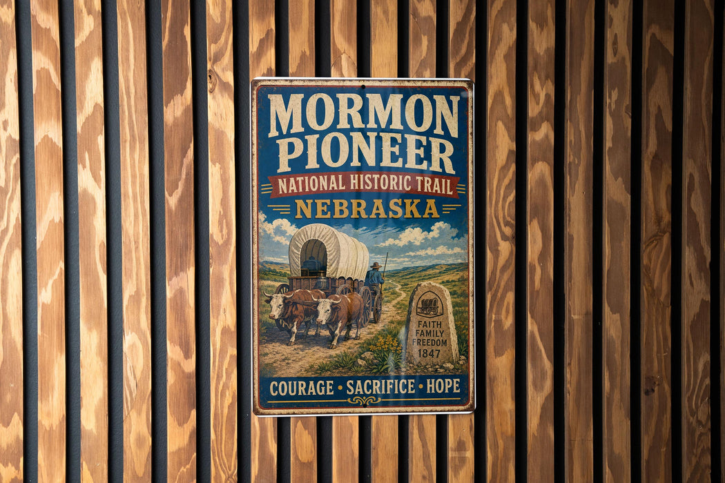 A vintage-style metal sign for the Mormon Pioneer National Historic Trail in Nebraska, featuring an illustration of a covered wagon and a sign with the words "Courage - Sacrifice - Hope".