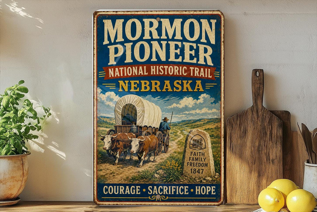 A vintage-style sign for the Mormon Pioneer National Historic Trail in Nebraska, featuring an illustration of a covered wagon and a monument with the words "Faith Family Freedom 1847".