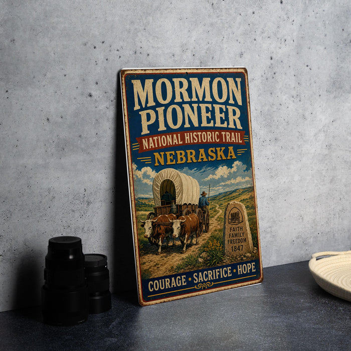 A vintage-style metal sign for the Mormon Pioneer National Historic Trail in Nebraska, featuring an illustration of a covered wagon and a cowboy.