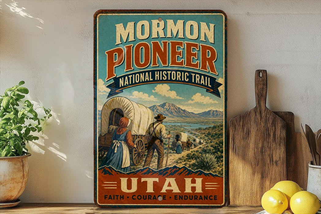 A vintage-style poster for the Mormon Pioneer National Historic Trail in Utah, featuring a wagon train and a scenic landscape.
