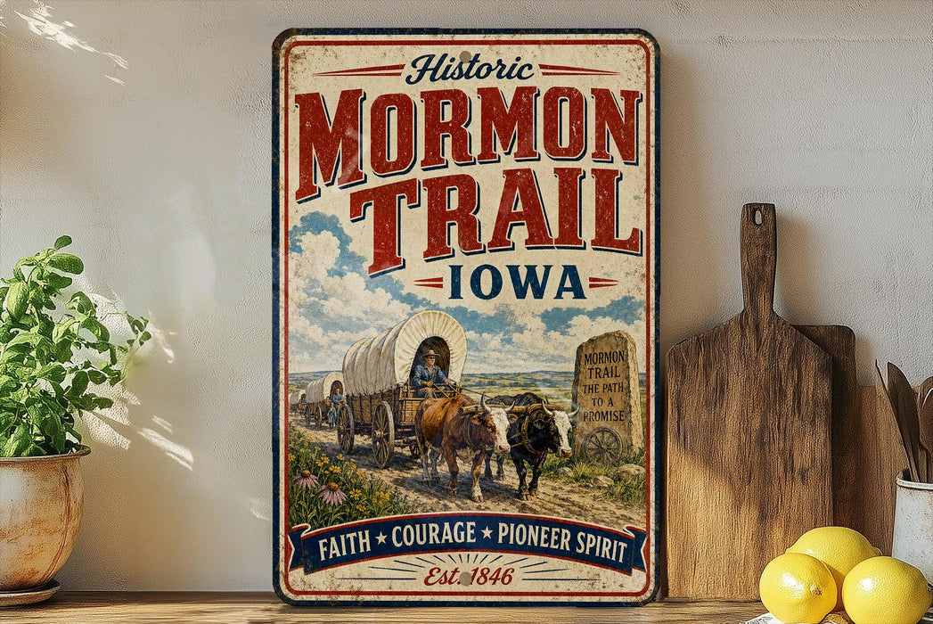 A vintage-style metal sign for the historic Mormon Trail in Iowa, featuring an illustration of a wagon train traveling through the state.