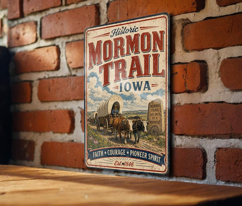 A vintage-style metal sign with the text "Historic Mormon Trail Iowa" and an illustration of a wagon train on a dirt road, mounted on a brick wall.