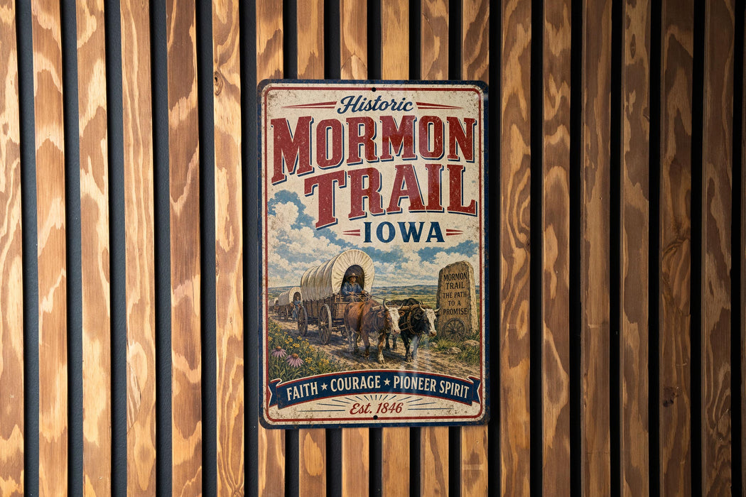 A vintage-style metal sign for the historic Mormon Trail in Iowa, featuring an illustration of a wagon train and a sign with the text "Faith, Courage, Pioneer Spirit" and "Est. 1846".