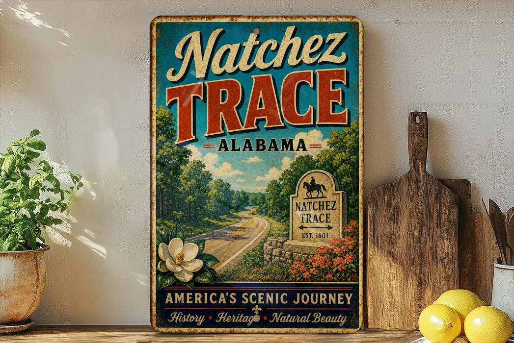 A vintage-style metal sign for Natchez Trace, Alabama, featuring a scenic road and landscape, is displayed on a shelf next to a wooden cutting board and some lemons.