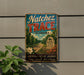 A vintage-style metal sign for the Natchez Trace, a scenic journey in Alabama, with a landscape and a horse-drawn carriage illustration.