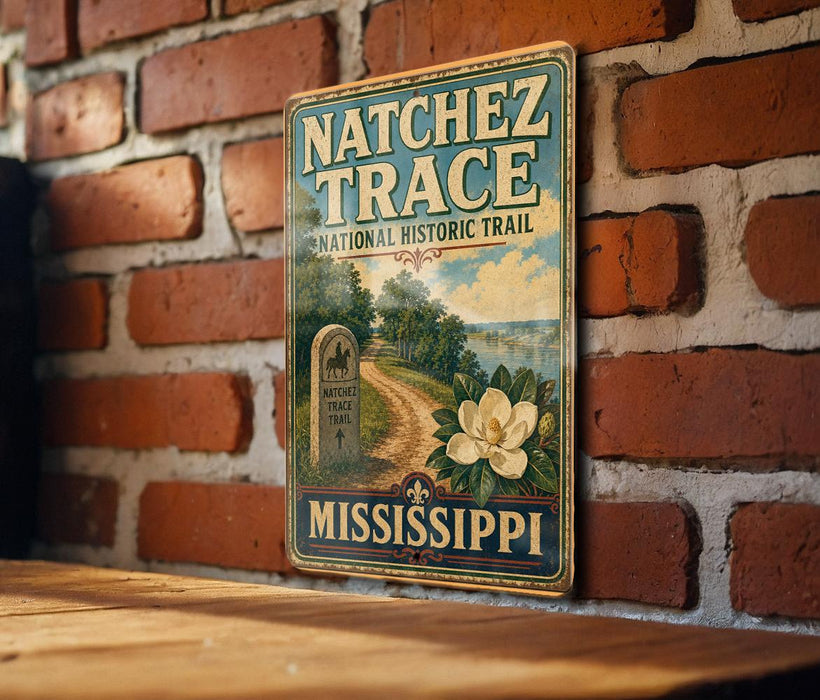A vintage-style metal sign for the Natchez Trace National Historic Trail, featuring a scenic illustration of a trail surrounded by nature and a large white flower.