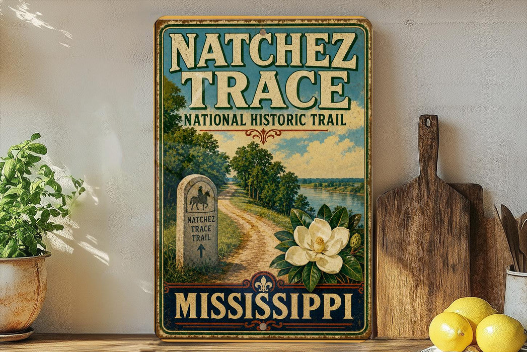 A vintage-style metal sign for the Natchez Trace National Historic Trail, featuring a scenic illustration of a trail surrounded by nature and a prominent signpost.