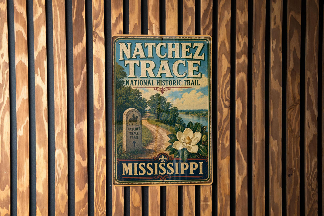 A vintage-style metal sign for the Natchéz Trace National Historic Trail in Mississippi, featuring a scenic illustration of a trail surrounded by nature.
