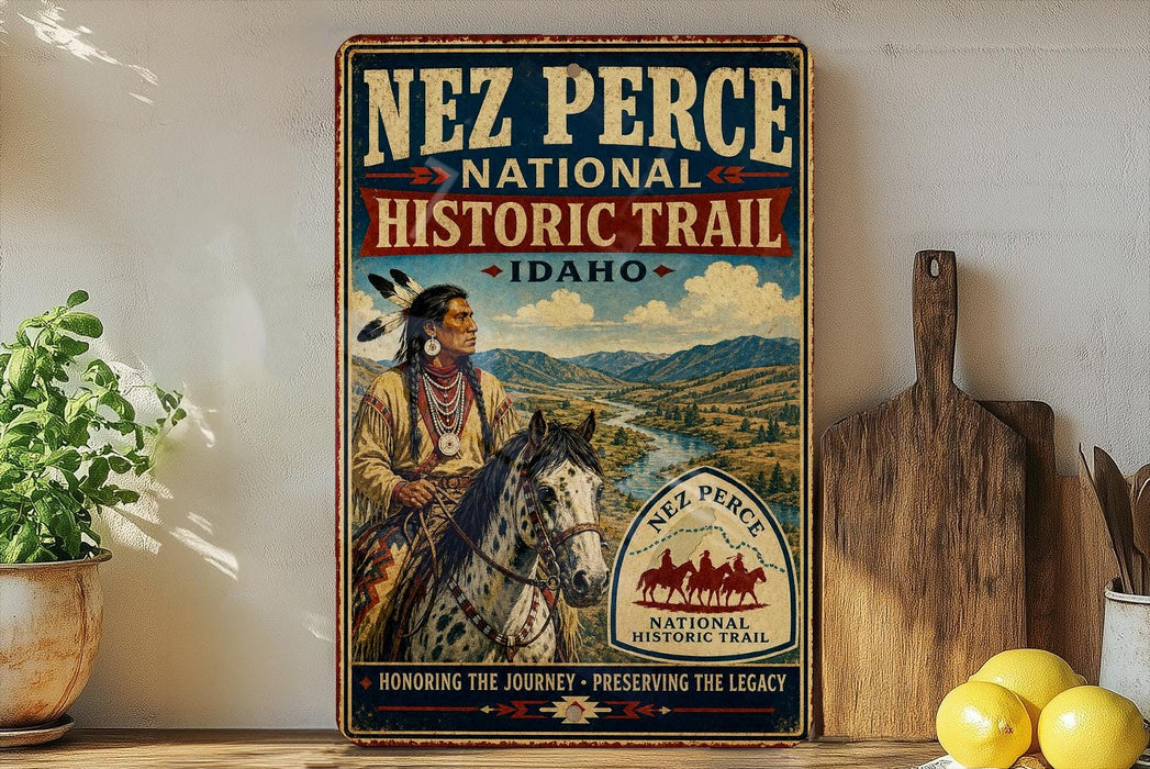 a vintage-style sign for Nez Perce National Historic Trail in Idaho, with a Native American figure riding a horse in the foreground.